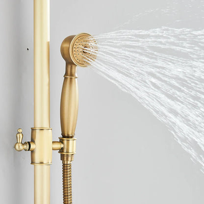 Gold-toned antique brass handheld showerhead with classic elongated handle and textured grip for brass shower faucet set wall mount