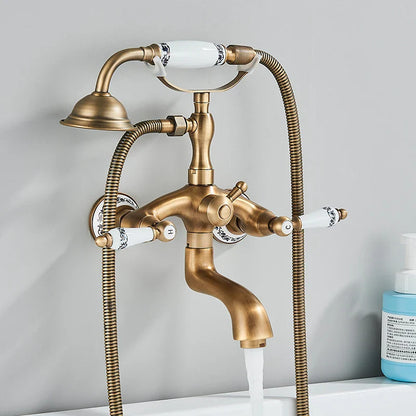 Antique brass shower faucet wall mount with white ceramic handles black floral patterns and cold water control