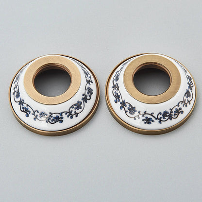 Pair of white ceramic ceiling rose fixtures with blue floral patterns and brass rims for cold water brass shower faucet wall mount