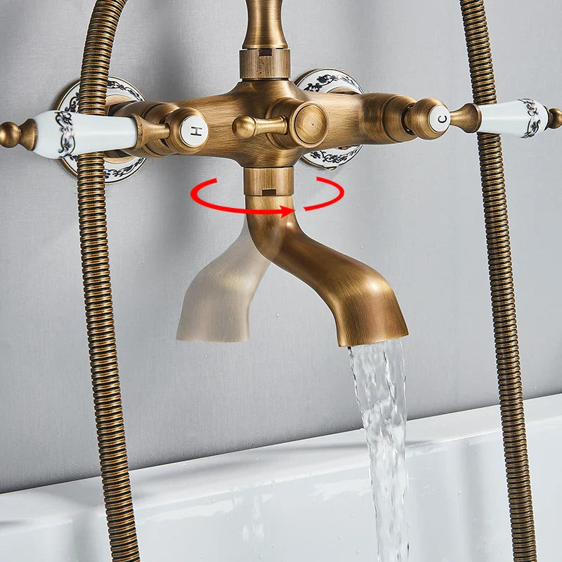Antique brass shower faucet wall mount with white ceramic handles featuring black floral patterns and cold water control