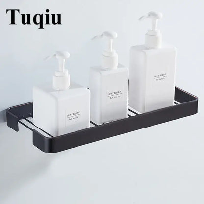 Black metal wall-mounted soap dispenser rack holding three white pump bottles for decorbites brass square bathroom shower use