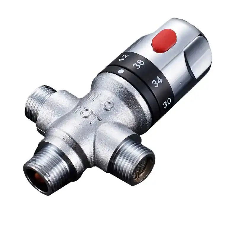 Silver metallic decorbites brass thermostatic mixer valve with black temperature dial and red reset button chrome bathroom control