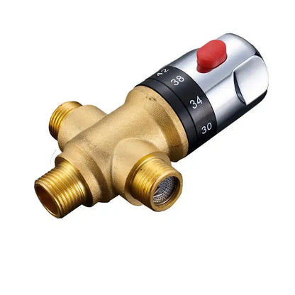 Brass thermostatic shower mixer valve in chrome with red reset button and adjustable temperature from 30 to 42 degrees decorbites brass thermostatic