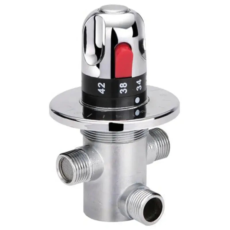 Chrome-finished decorbites brass thermostatic shower mixer valve with red indicator and temperature markings for bathroom control