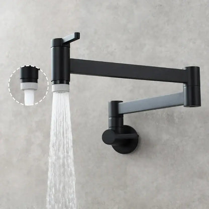 Black matte kitchen faucet with brass wall mounted pot filler and articulated gooseneck for versatile kitchen use