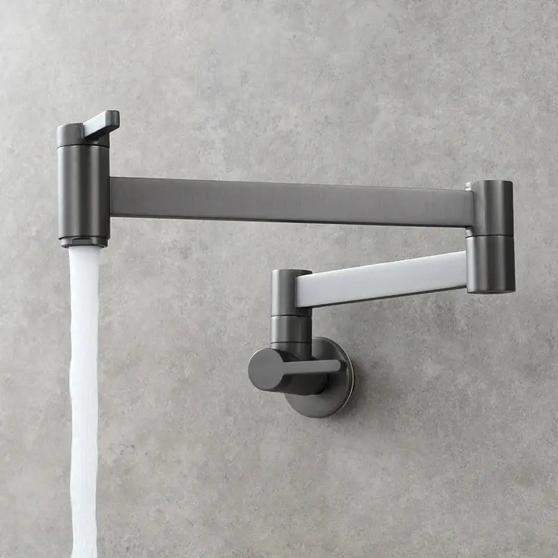Brass wall mounted pot filler kitchen faucet with modern matte black articulated gooseneck and dual handles