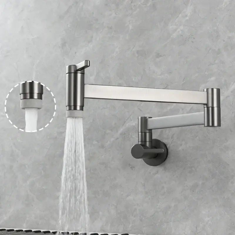 Brass wall mounted pot filler kitchen faucet with matte black extendable articulated gooseneck and adjustable spray nozzle