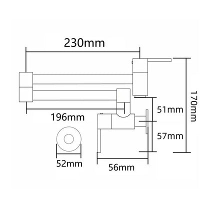 White brass wall mounted pot filler kitchen faucet with articulated gooseneck and precise engineering dimensions