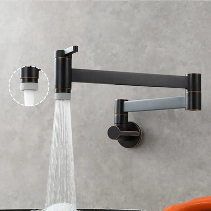 Brass wall mounted pot filler kitchen faucet with black matte finish, articulated gooseneck, and copper toned accents