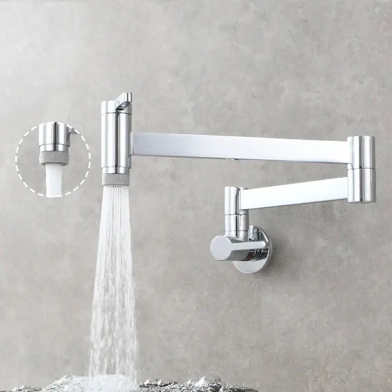 Brass wall mounted pot filler kitchen faucet with chrome finish and articulated gooseneck featuring adjustable spray nozzle