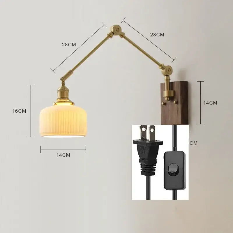 Brass and walnut copper swing arm led wall sconce with adjustable ribbed glass shade and dark wood mounting plate