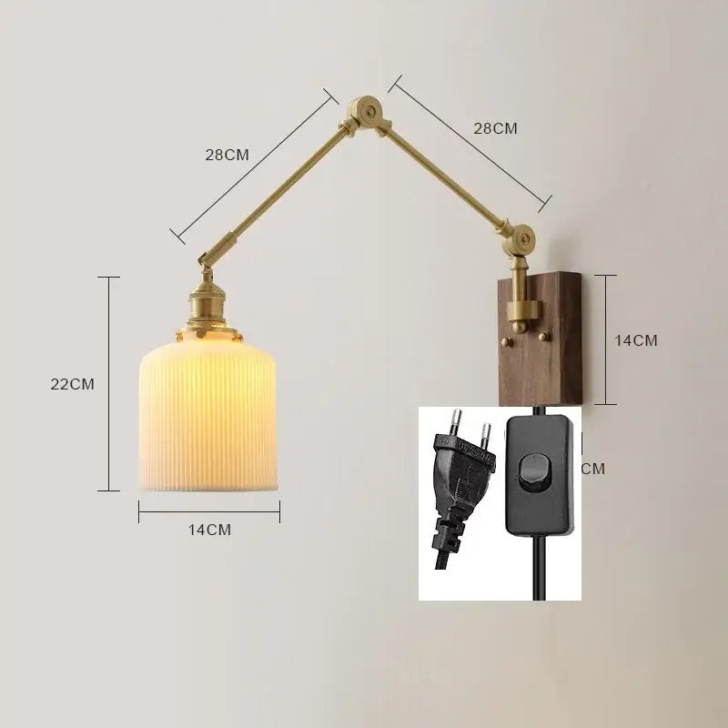 Brass finished adjustable wall sconce with ribbed cream glass shade wooden mounting plate copper swing arm led light