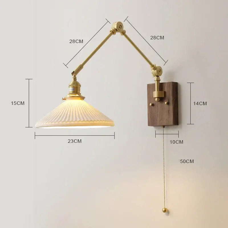 Adjustable brass wall sconce with ribbed off-white glass shade, wooden backplate, and copper swing arm led bedroom light