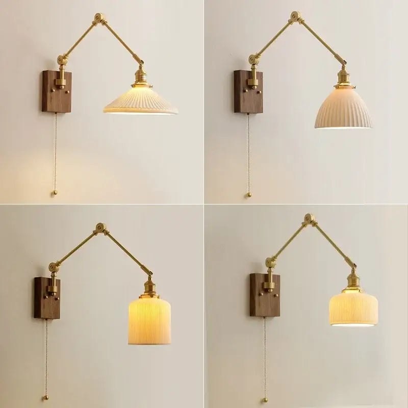 Brass finished adjustable wall sconce with copper swing arm, wooden backplate, and ribbed ceramic shade for bedroom lighting