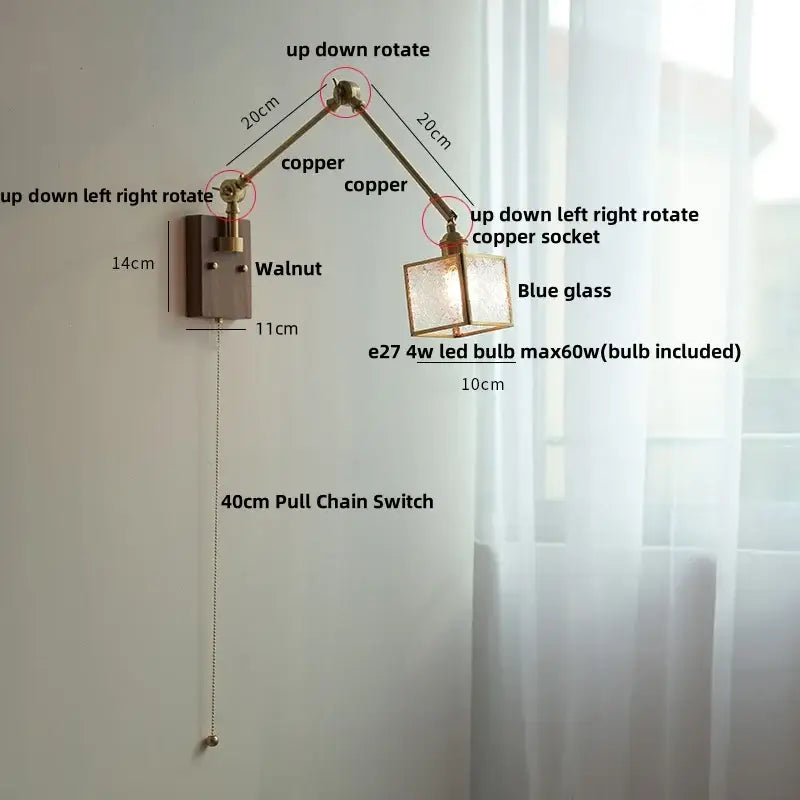 Adjustable copper led wall lamp with blue glass shade and walnut-finished mounting plate for hallway use