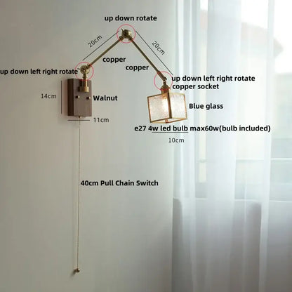 Adjustable copper led wall lamp with blue glass shade and walnut-finished mounting plate for hallway use