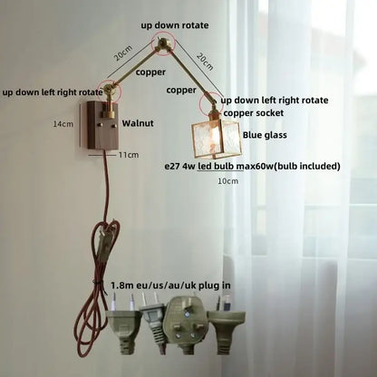 Adjustable copper wall lamp with blue glass shade and walnut-finished mount led wall lamp rotatable design