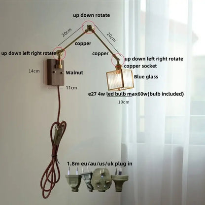 Adjustable copper wall lamp with blue glass shade and walnut-finished base led wall lamp rotatable for hallway use