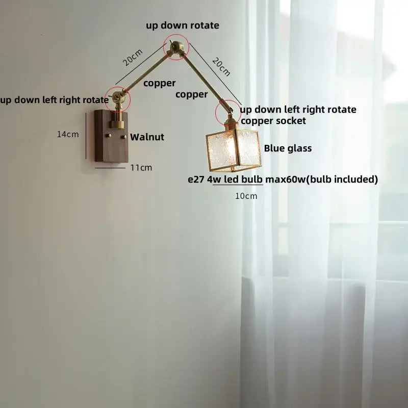 Adjustable brass walnut led wall lamp with copper arm and blue glass shade for rotatable wall lamp use