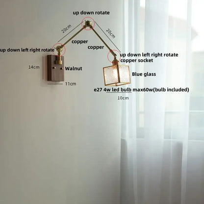 Adjustable brass walnut led wall lamp with copper arm and blue glass shade for rotatable wall lamp use