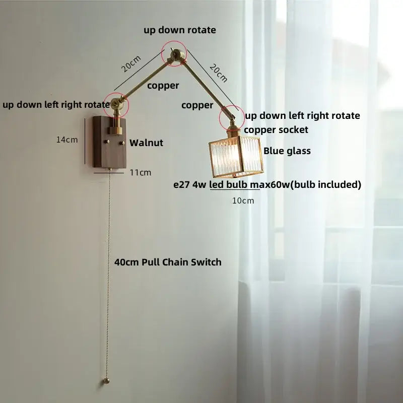 Adjustable copper-arm led wall lamp with blue glass shade and walnut-finished mounting plate rotatable wall lamp