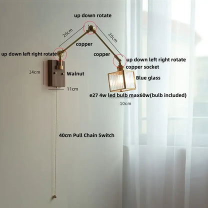 Adjustable copper-arm led wall lamp with blue glass shade and walnut-finished mounting plate rotatable wall lamp
