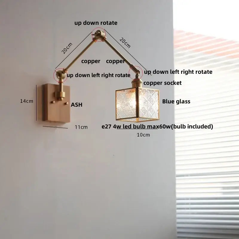 Copper-finished adjustable wall lamp with blue-tinted etched glass cube shade featuring led wall lamp rotatable design