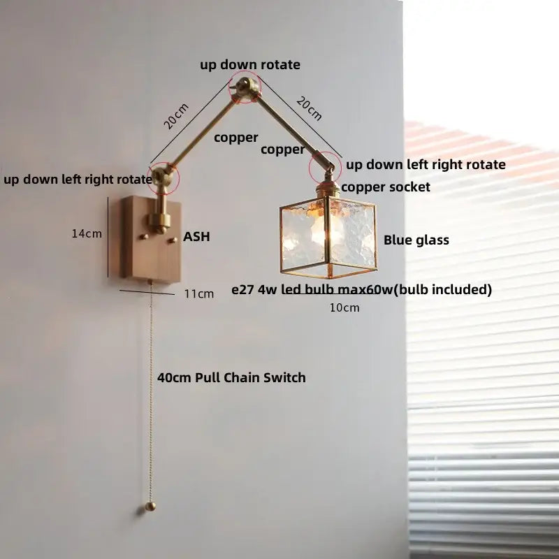 Copper-finished brass walnut led wall lamp rotatable with blue textured glass cube shade and e27 led bulb for hallway lighting