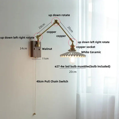 Adjustable copper-arm wall light with white ceramic shade and walnut mounting plate for bedroom decorbites ceramic ball brass