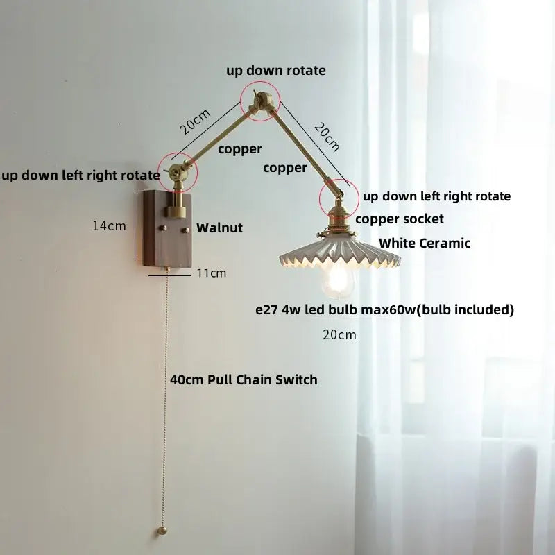Adjustable copper-arm wall light with white ceramic shade and walnut mounting plate for bedroom decorbites ceramic ball brass