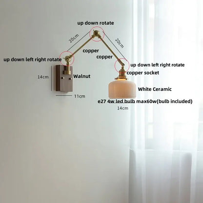 Adjustable copper-arm wall light with white ceramic ball brass lampshade for stylish bedroom decorbites ceramic ball design