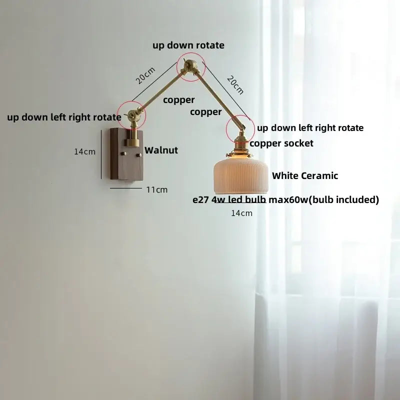 Adjustable copper-arm wall light with white ceramic ball brass lampshade for stylish bedroom decorbites ceramic ball design