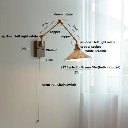 Copper adjustable wall light with white ceramic ball shade and walnut mounting plate for decorbites ceramic ball brass décor