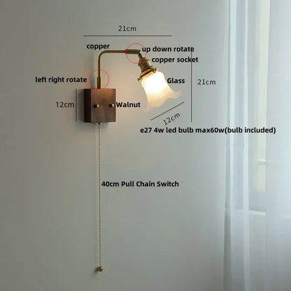 Copper-finished wall sconce with brass walnut wood base glass lampshade and pull chain switch for decorbites brass walnut decor