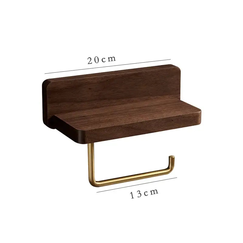 Dark wood and brass toilet roll holder stand with small shelf for bathroom organization and wood toilet roll storage