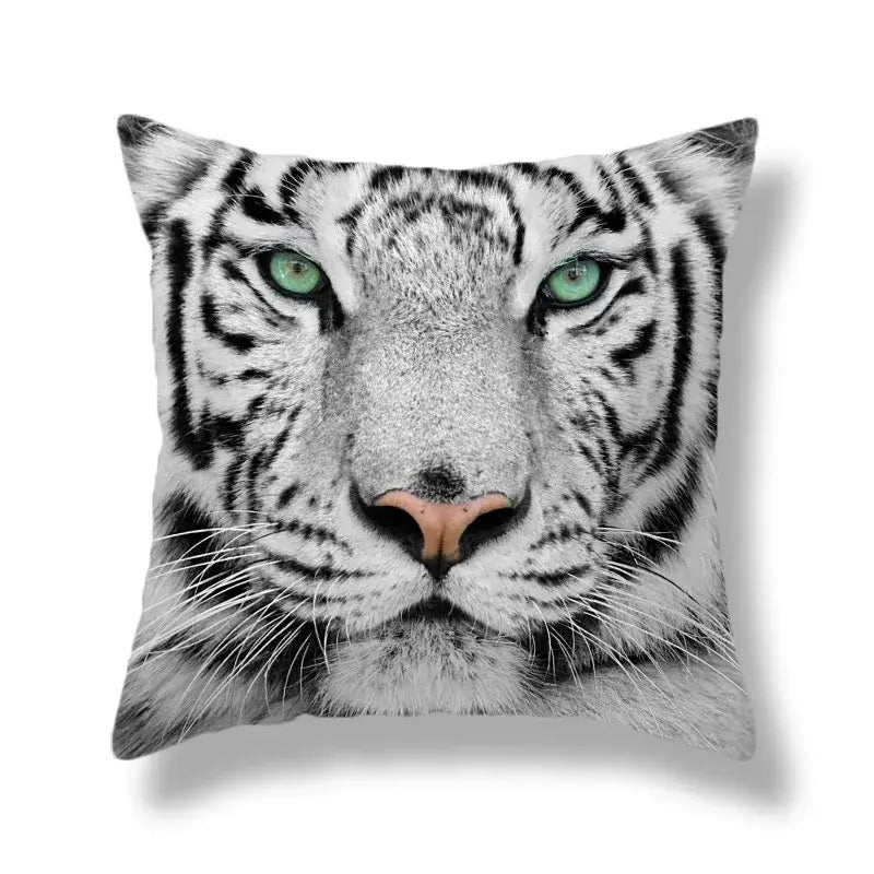 Square throw pillow with brave tiger pattern print featuring a white tiger with green eyes on soft fabric for living room decor