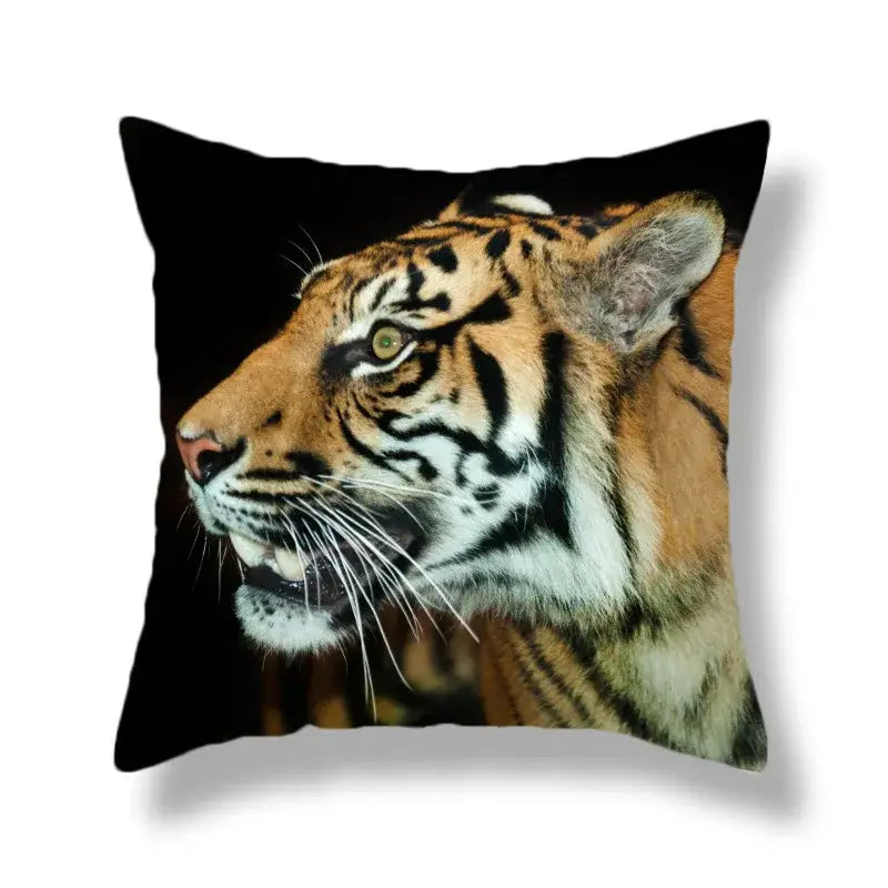 Black throw pillow featuring a brave tiger pattern print with realistic orange and black stripes for living room decor