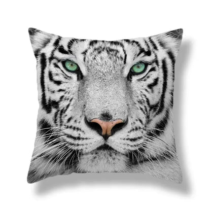 Square throw pillow with brave tiger pattern print featuring a close-up white tiger and vivid green eyes on soft fabric