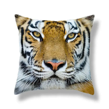 Square throw pillow with brave tiger pattern print featuring detailed orange black stripes and piercing yellow eyes for living room decor