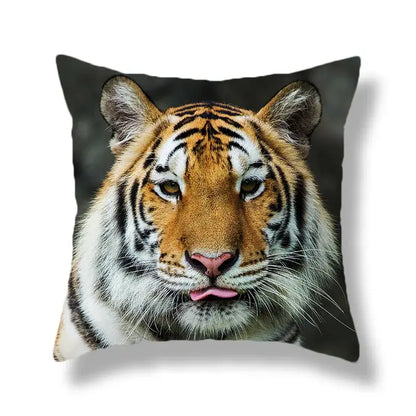 Square throw pillow with brave tiger pattern print featuring detailed orange and black tiger stripes for living room decor