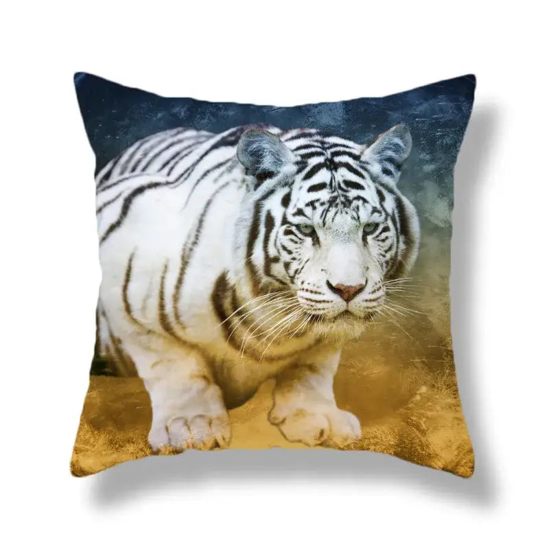Square throw pillow with a brave tiger pattern print featuring a white tiger on a blue to golden yellow gradient background