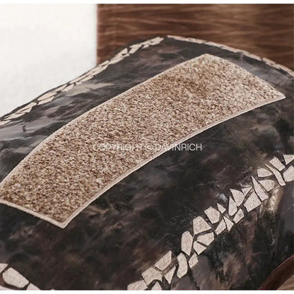 Dark brown faux leather brighton cross stitch cushion cover with textured beige fabric strip and white mosaic trim
