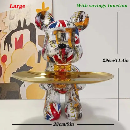 Decorbites graffiti bear figurine with british flag collage holding a gold tray as living room key tray decorbites graffiti bear