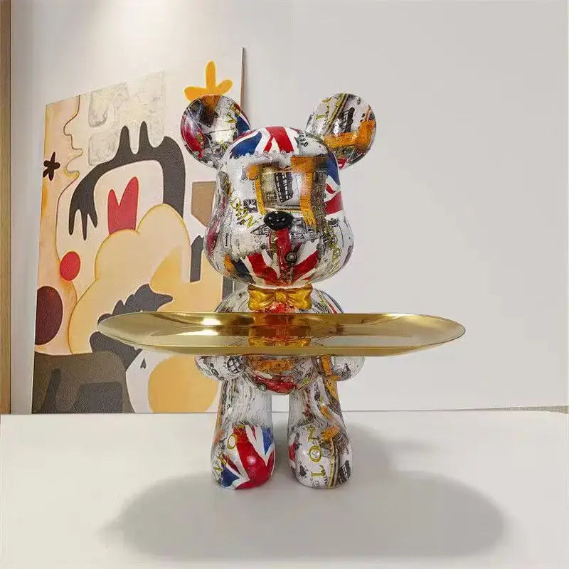 Glossy decorbites graffiti bear figurine with union jack vintage print holds golden tray as living room key tray