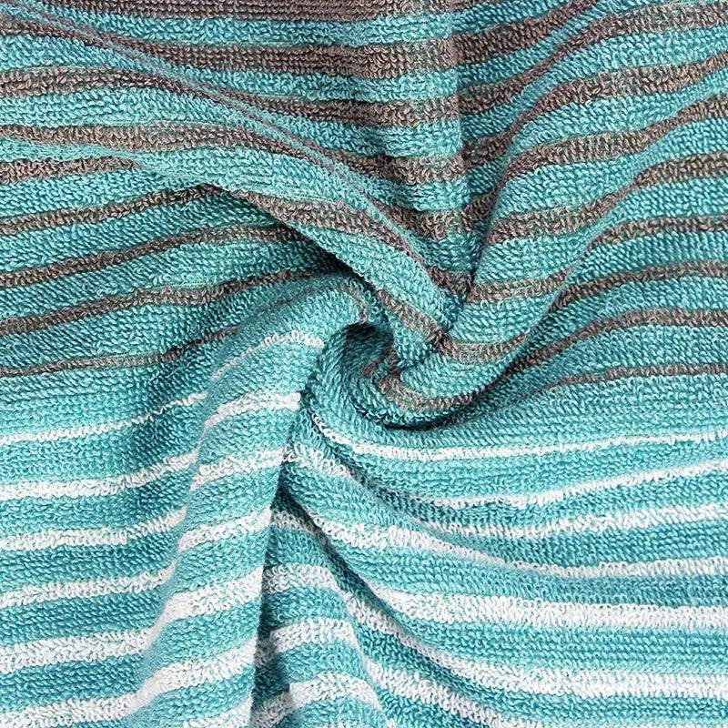 British style sports fitness towel with soft textured fabric and alternating turquoise white and gray stripes for gym use