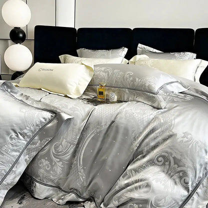 Silver satin duvet cover with intricate damask embroidery and matching pillowcases in decorbites brocade satin jacquard bedding set