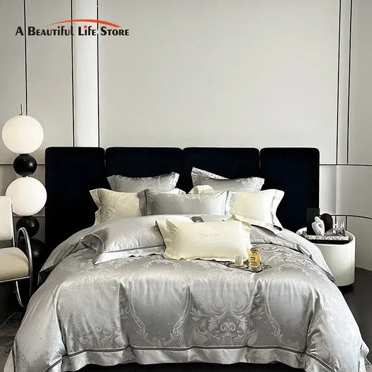 Silver satin bedding set with intricate damask embroidery and black piping decorbites brocade satin jacquard design