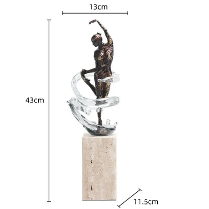 Bronze ballet dancer figure with transparent glass swirls on beige marble base for elegant home decor