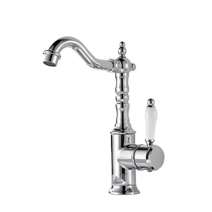 Chrome finished basin faucet with white ceramic handle and vintage design for cold water in antique deck mounted style