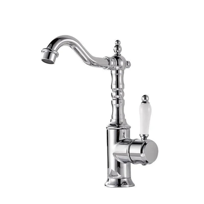 Chrome finished basin faucet with white ceramic handle and vintage design for cold water in antique deck mounted style